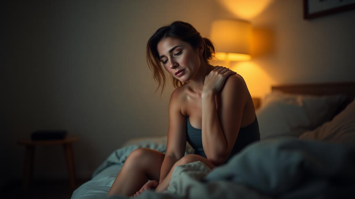 moe vrouw wakker 's nachts zittend op de rand van haar bed