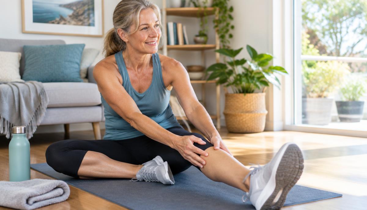 Vrouw comfortabel stretchen op een yoga mat thuis