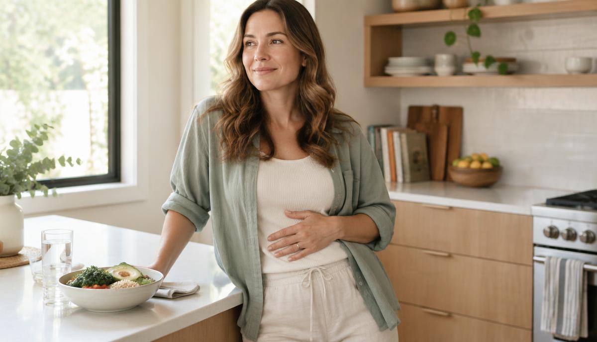 Vrouw comfortabel staan in een lichte keuken na een maaltijd