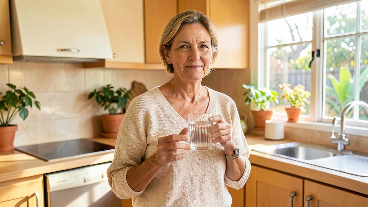 Australische vrouw ouder dan 50 nemen van een dagelijkse hart gezondheid supplement thuis