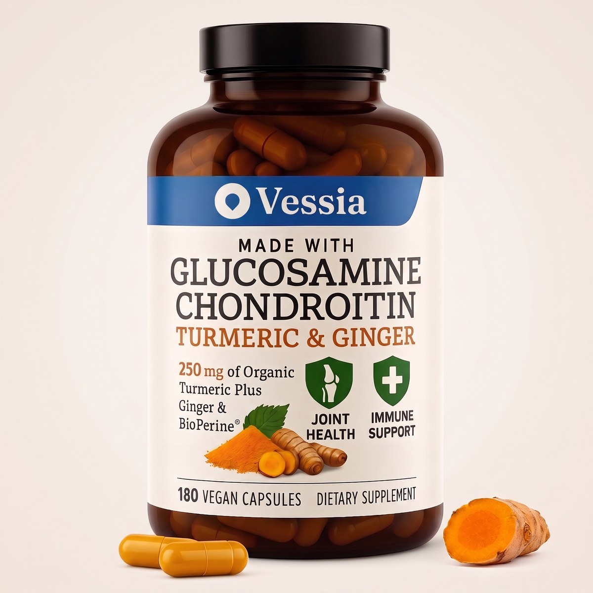 Vessia Glucosamine + Chondroitin met Kurkuma & Gember verpakking