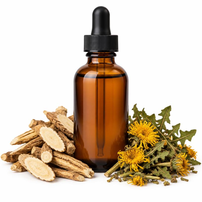 Amberkleurige fles kruidenniertonicum met gedroogde astragalus en paardenbloem
