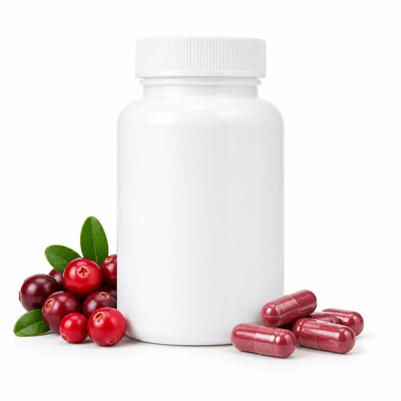 Witte fles cranberry extract capsules met verse veenbessen