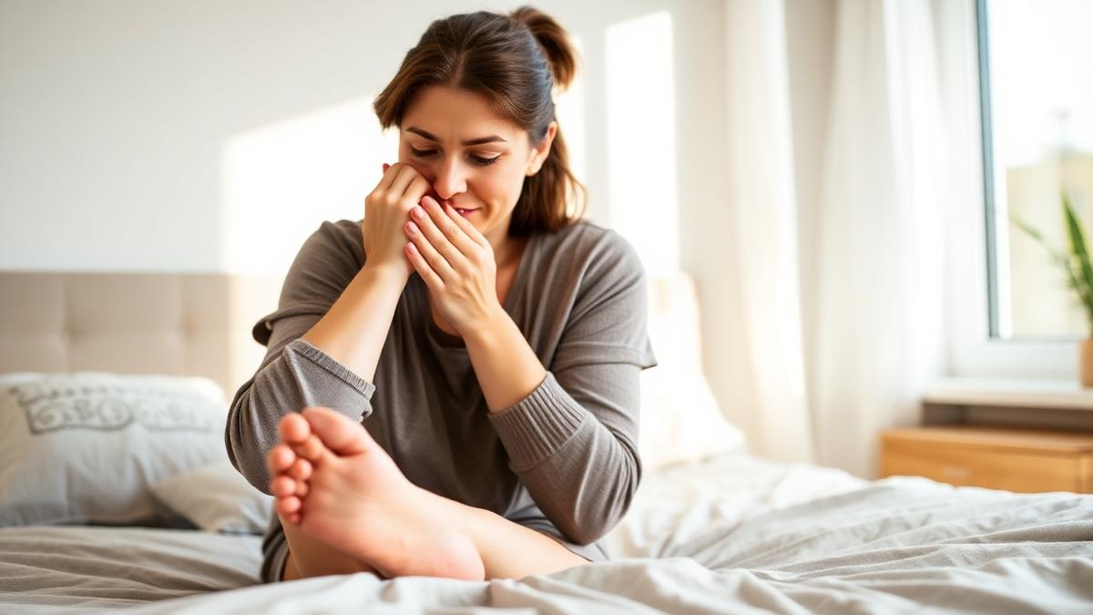 Vrouw zittend op de rand van haar bed drukt op haar gezwollen gezicht en gezwollen enkel
